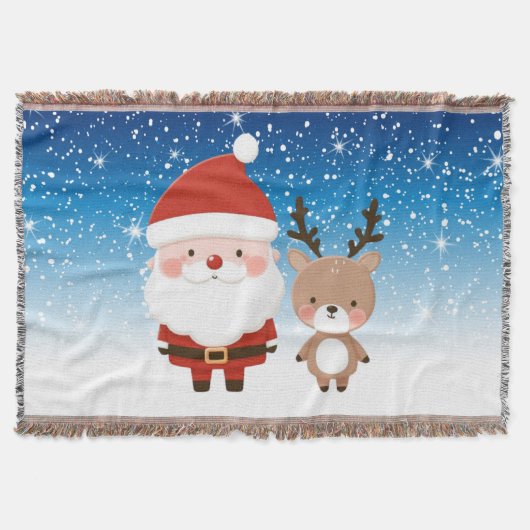 かわいいクリスマスサンタ&トナカイ スローブランケット (正面)