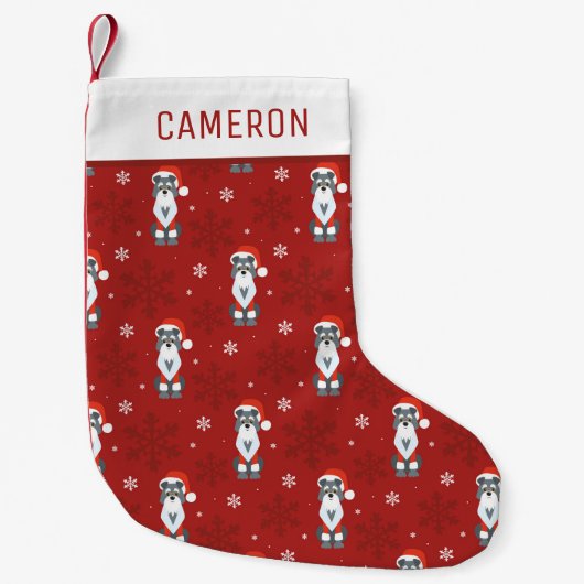 かわいいクリスマスシュナウザードッグスノーフレークパターンレッド スモールクリスマスストッキング (正面)