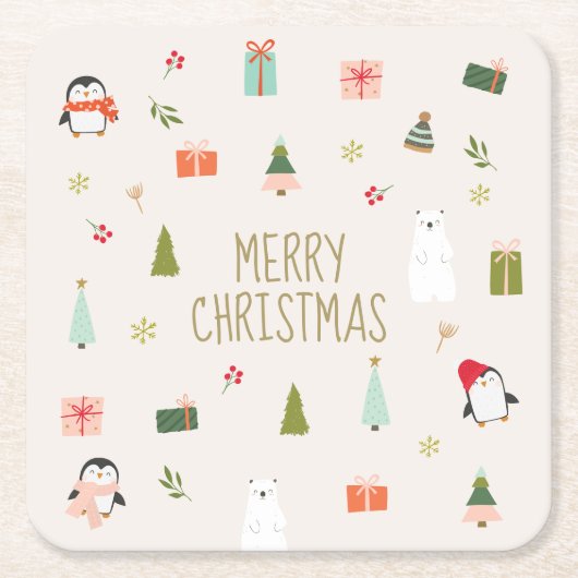 かわいいクリスマスシンボル スクエアペーパーコースター