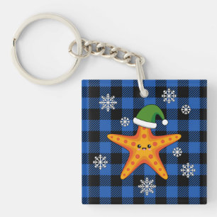 かわいいクリスマススタフィッシュオンブルーバッファローパターン キーホルダー