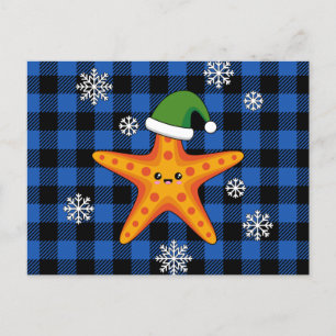 かわいいクリスマススタフィッシュオンブルーバッファローパターン シーズンポストカード