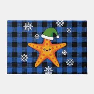 かわいいクリスマススタフィッシュオンブルーバッファローパターン ドアマット
