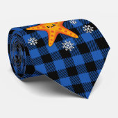 かわいいクリスマススタフィッシュオンブルーバッファローパターン ネクタイ (ロール)