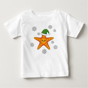 かわいいクリスマススタフィッシュオンブルーバッファローパターン ベビーTシャツ