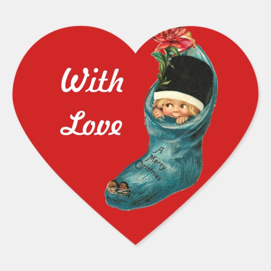 かわいいクリスマスストッキングと小さな子供，赤いハート ハートシール (正面)