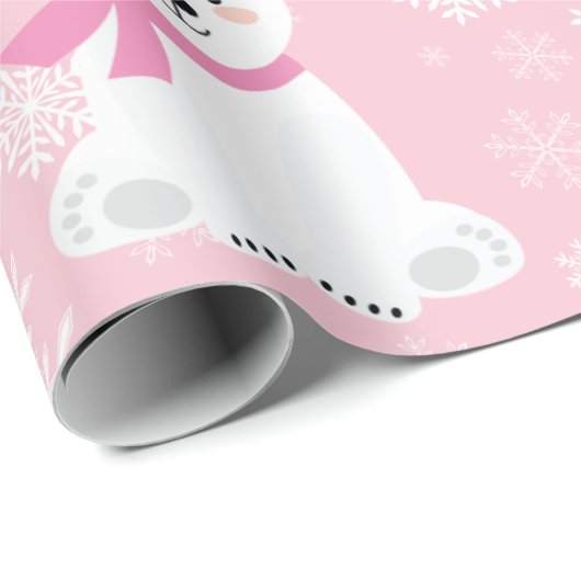 かわいいクリスマススノーフレーク極熊ベビーガールピンク ラッピングペーパー (ロールコーナー)