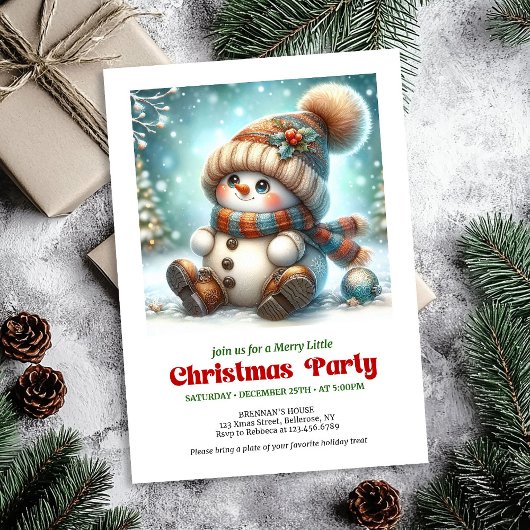かわいいクリスマススノーマンのデジタルダウンロードパーティーカード 招待状