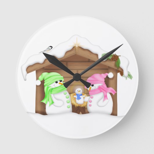 かわいいクリスマススノーマン+マネージャー ラウンド壁時計 (正面)