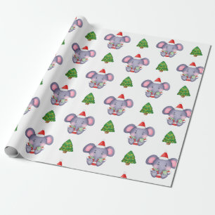 かわいいクリスマスゾウとクリスマスツリー ラッピングペーパー