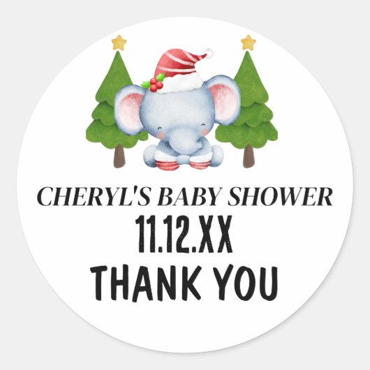 かわいいクリスマスゾウ赤ちゃんシャワーありがとう ラウンドシール (正面)