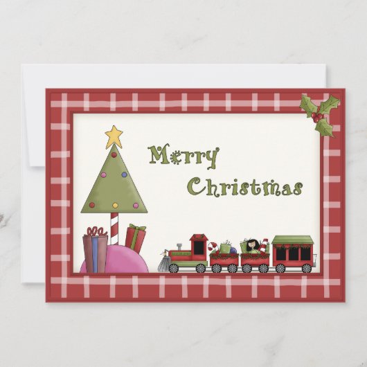 かわいいクリスマスツリーおよびおもちゃの列車のパーティの招待状 招待状 (正面)