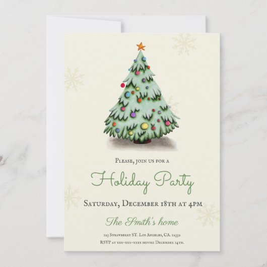 かわいいクリスマスツリーとオーナメントホリデーパーティー 招待状 (正面)