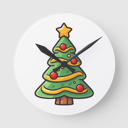 かわいいクリスマスツリーとオーナメント ラウンド壁時計 (正面)