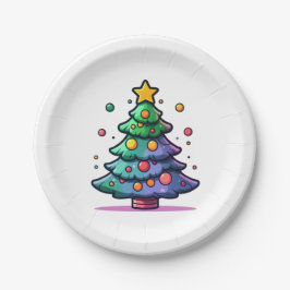 かわいいクリスマスツリーとカラフルオーナメント ペーパープレート