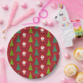 かわいいクリスマスツリーとサンタクロースの模様 赤 ペーパープレート (パーティー)