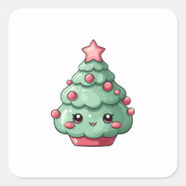 かわいいクリスマスツリーにスマイルフェイス スクエアシール