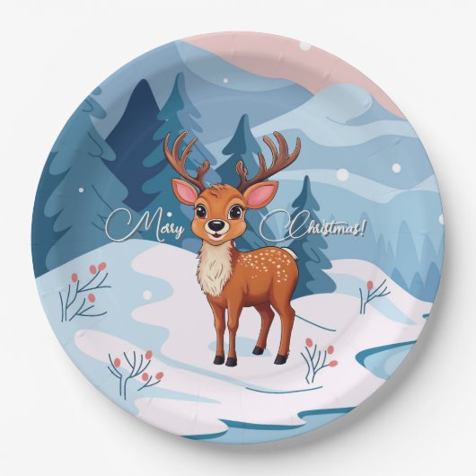 かわいいクリスマスツリーのトナカイの冬の風景 ペーパープレート (正面)