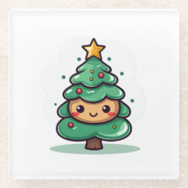 かわいいクリスマスツリーの愛らしいキャラクター ガラスコースター