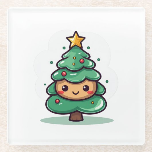 かわいいクリスマスツリーの愛らしいキャラクター ガラスコースター (正面)