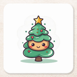 かわいいクリスマスツリーの愛らしいキャラクター スクエアペーパーコースター