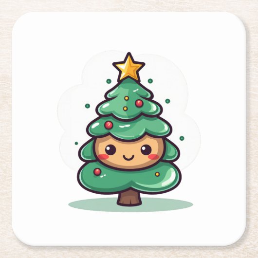かわいいクリスマスツリーの愛らしいキャラクター スクエアペーパーコースター (正面)