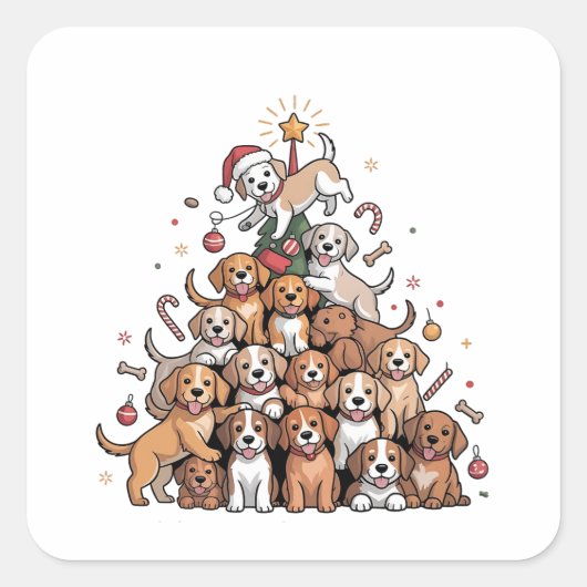 かわいいクリスマスツリーの犬のXmasツリーの子犬   スクエアシール (正面)