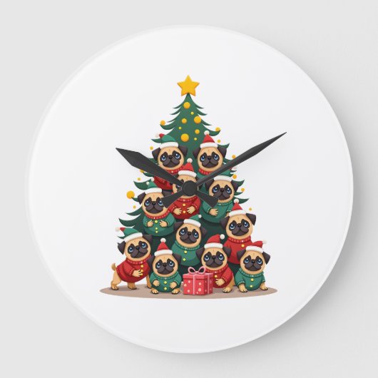 かわいいクリスマスツリーの犬パグ(2) ラージ壁時計 (正面)