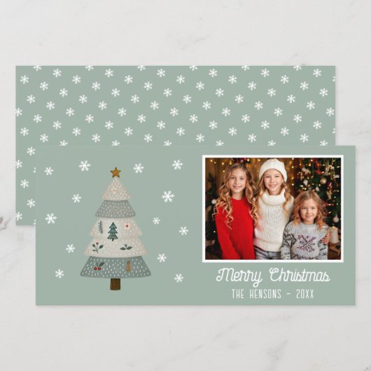 かわいいクリスマスツリーの雪の結晶 ファミリーフォト シーズンカード (正面/裏面)