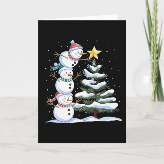 かわいいクリスマスツリーを飾る3人の雪だるま カード (正面)