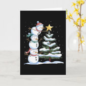 かわいいクリスマスツリーを飾る3人の雪だるま カード (黄色い花)