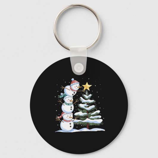 かわいいクリスマスツリーを飾る3人の雪だるま キーホルダー (正面)