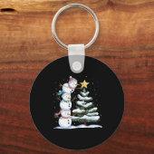 かわいいクリスマスツリーを飾る3人の雪だるま キーホルダー (正面)