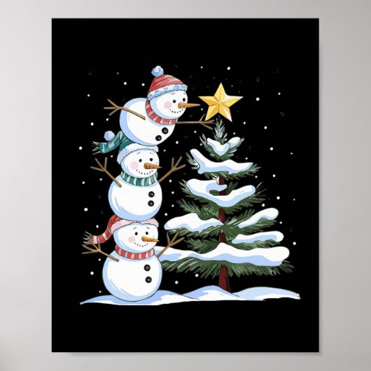 かわいいクリスマスツリーを飾る3人の雪だるま ポスター (正面)