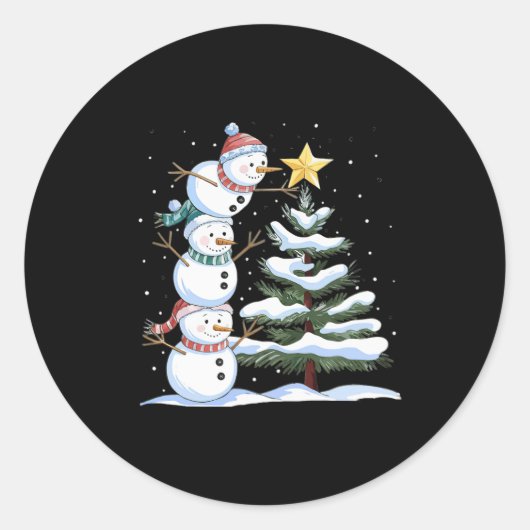 かわいいクリスマスツリーを飾る3人の雪だるま ラウンドシール (正面)