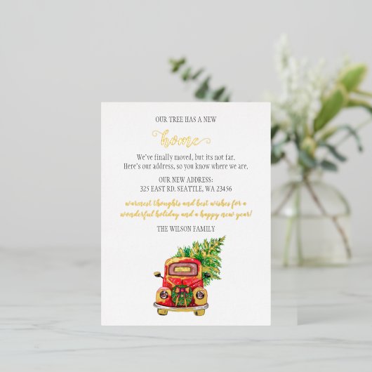 かわいいクリスマスツリーカー引っ越しました移動 箔シーズンポストカード (立ち正面)