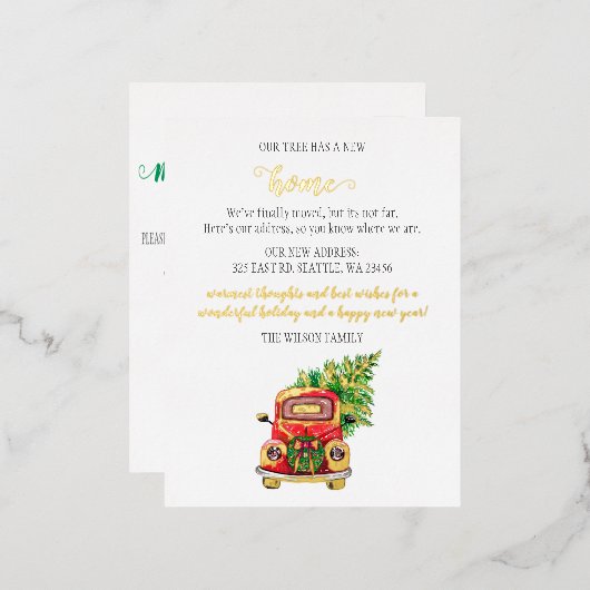 かわいいクリスマスツリーカー引っ越しました移動 箔シーズンポストカード (正面/裏面)
