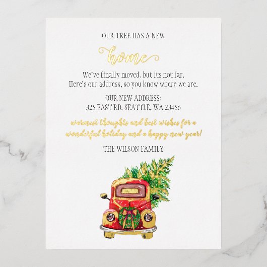かわいいクリスマスツリーカー引っ越しました移動 箔シーズンポストカード (正面)