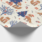 かわいいクリスマスツリーギフトスターズキツネブルーレッドホワイト ラッピングペーパー (角)