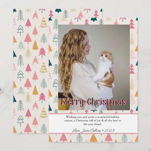 かわいいクリスマスツリーブラッシュピンクパターン シーズンカード (正面/裏面)