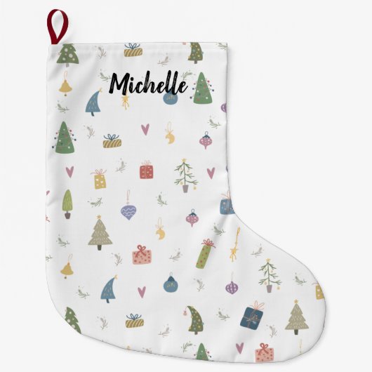 かわいいクリスマスツリープレゼントオーナメントパターン ラージクリスマスストッキング (正面)