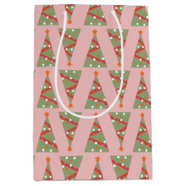 かわいいクリスマスツリーホリデーパターンピンクグリーンレッド ミディアムペーパーバッグ