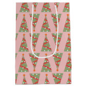 かわいいクリスマスツリーホリデーパターンピンクグリーンレッド ミディアムペーパーバッグ (裏面)