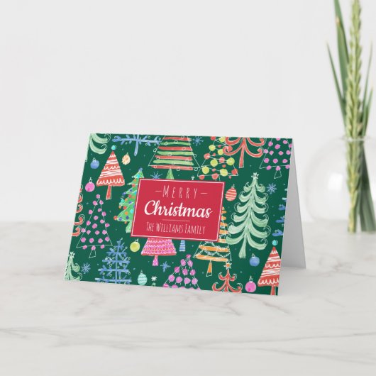 かわいいクリスマスツリーメリークリスマスファミリー シーズンカード (正面)
