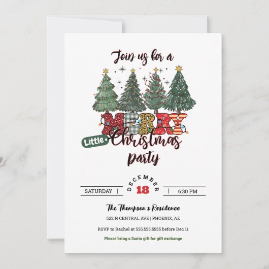 かわいいクリスマスツリーリトルメリークリスマスパーティー 招待状 (正面)
