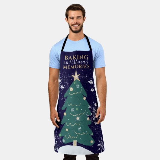かわいいクリスマスツリー引用文スノーフレークnavy blue エプロン (着用した状態)