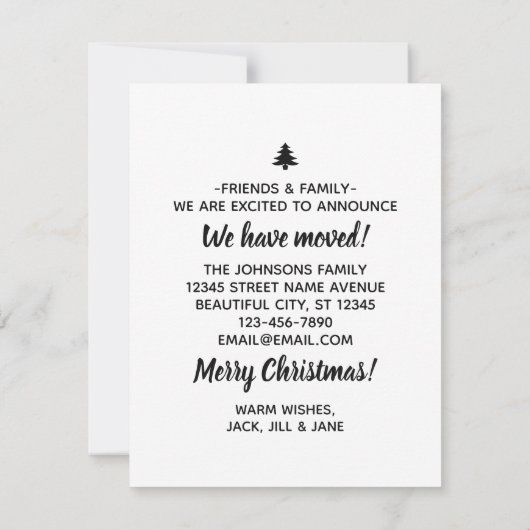 かわいいクリスマスツリー新しいホームフォトホリデームービング 案内状 (裏面)