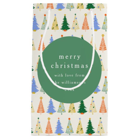 かわいいクリスマスツリー赤い緑パーソナライズされた家族 スモールペーパーバッグ (正面)