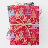 かわいいクリスマスツリー赤緑の白い柄 ラッピングペーパーシート (インサイチュ)
