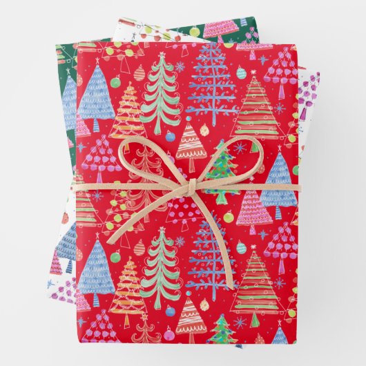 かわいいクリスマスツリー赤緑の白い柄 ラッピングペーパーシート (インサイチュ)