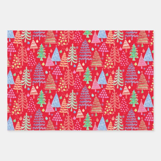 かわいいクリスマスツリー赤緑の白い柄 ラッピングペーパーシート (正面)